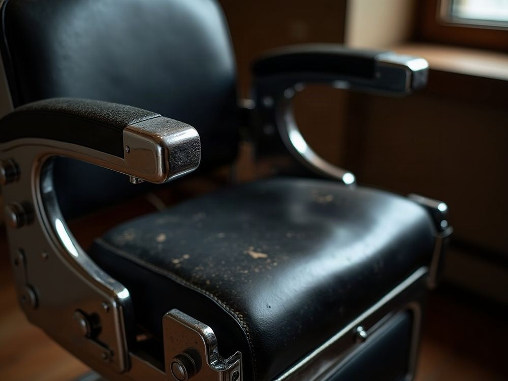 Detalle del cuero y el cromo de una silla de barbería