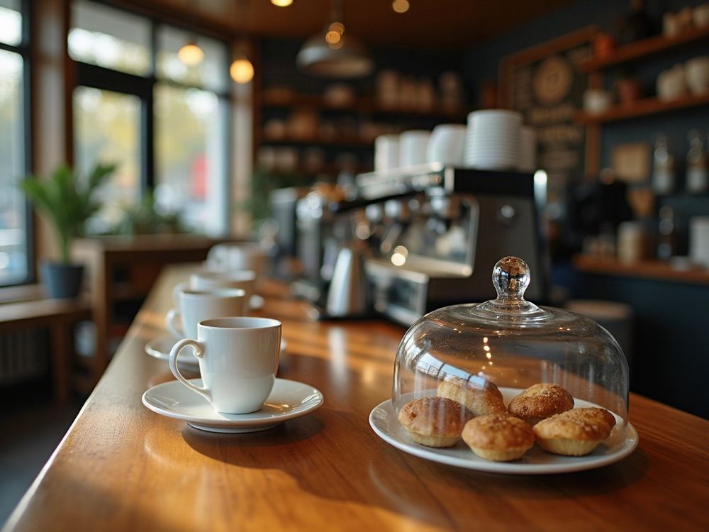 Barra de una cafetería con la máquina de espresso y el pan bajo campana